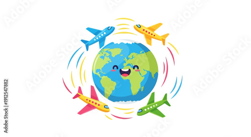 Illustration of a smiling globe with planes flying around it, symbolizing global tourism resilience and comeback on a colorful background.