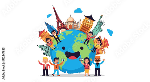 Illustration of a smiling globe surrounded by diverse people, iconic landmarks, and travel symbols, representing Global Tourism Resilience Day and the tourism comeback.