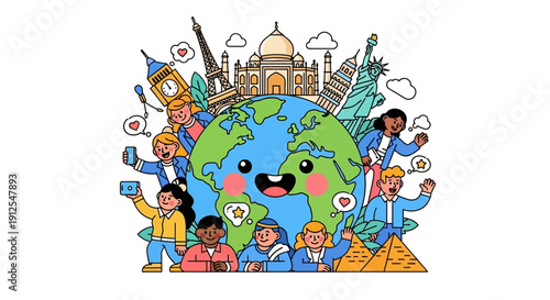 Illustration of a smiling Earth surrounded by diverse people, iconic landmarks, and travel symbols, celebrating Global Tourism Resilience Day with a playful and happy mood.