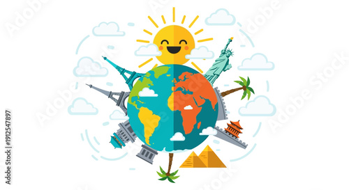 Illustration of a smiling globe with iconic landmarks and a sunny sky, symbolizing global tourism resilience and comeback on a playful vector map.