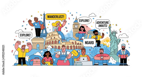 Illustration of a vibrant tourism concept with diverse people and iconic landmarks celebrating Global Tourism Resilience Day with a happy and adventurous mood.