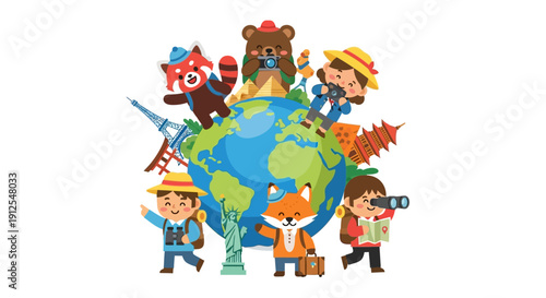 Illustration of a diverse group of people and animals from around the world celebrating Global Tourism Resilience Day with a playful and happy vibe.