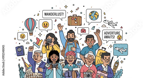 Illustration of diverse people with travel-related icons and symbols celebrating Global Tourism Resilience Day with a playful and adventurous mood.
