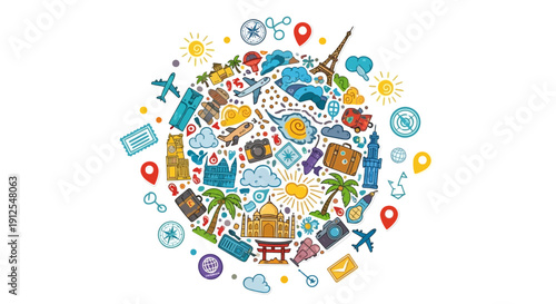 Illustration of a globe surrounded by travel-related icons and symbols on a white background, representing Global Tourism Resilience Day and the tourism comeback concept.
