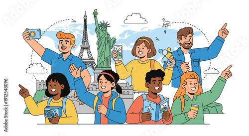 Illustration of diverse people on a holiday trip, pointing at landmarks like the Eiffel Tower and Statue of Liberty, symbolizing global tourism resilience and comeback on a joyful day.
