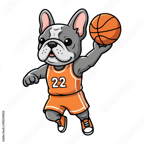 Cute bulldog basketball player jumping with ball, cartoon dog mascot athlete in orange jersey number 22, sporty puppy character for team logo, kids sports design, isolated vector illustration