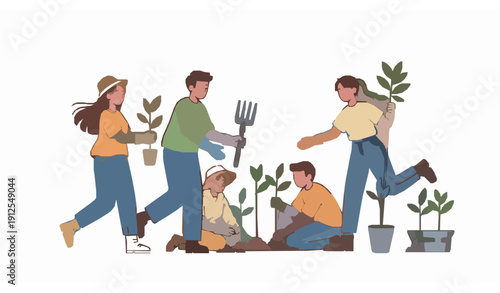 Community Volunteers Planting Trees Together Vector Illustration Isolated on White Background for Environmental and Social Responsibility Concept