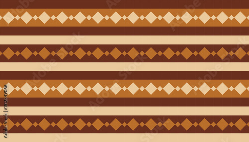Seamless geometric pattern with horizontal stripes and diamond-chain motifs in brown, gold, and cream. Abstract vector background featuring a rhythmic linear tessellation