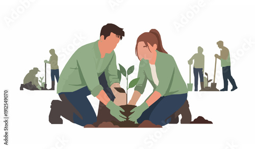 Happy Volunteer Couple Planting Trees Vector Illustration Isolated on White Background for Environmental Conservation Concept