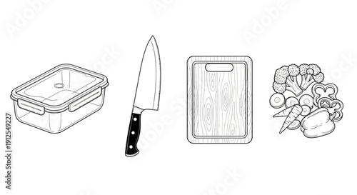 Kitchen prep essentials: food container, chef knife, cutting board, and fresh vegetables