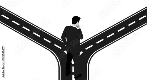 Business decision crossroads illustration showing professional standing at intersection choosing between multiple career or strategic directions. This conceptual visual represents decision making, lea