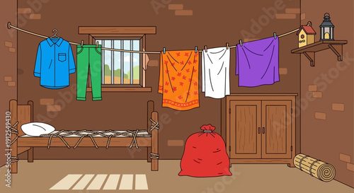 Clothes hanging to dry in a rustic laundry room with wooden furniture.