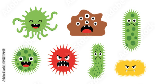 Cartoon bacteria and germs with various facial expressions.