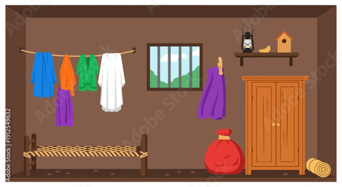 Cozy Cartoon Bedroom Interior with Clothes and Furniture.
