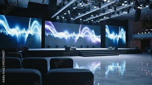 Empty conference hall with LED screens glowing