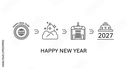 Happy New Year 2027: Countdown to Future Celebration with Globe, Stars, and Building Icons