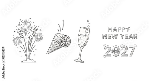 Happy New Year 2027 fireworks, party horn, champagne glass, celebration concept
