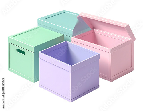 Set of Bright Color Storage Boxes Stacked in Balanced Composition, Soft Lighting, Isolated on Transparent Background