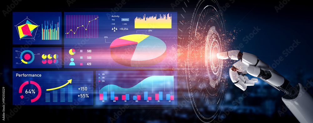Obraz premium A high-tech scene showcasing a robotic hand interacting with a digital dashboard filled with data visualizations, charts, and performance metrics. Impute
