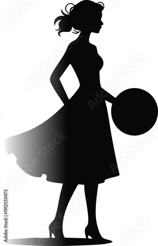 Monochrome Silhouette of a Woman in a Vintage Dress, Minimalist Graphic of a Woman Holding a Round Handbag, Stylized Vector Illustration of a Classic Female Fashion Figure, 