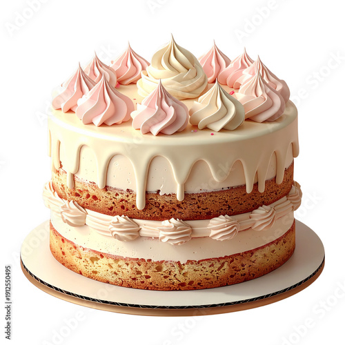 Creamy layered birthday cake with pink meringue peaks and white chocolate drip on isolated transparent background