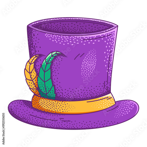  illustration of a purple top hat designed for Mardi Gras or carnival celebrations. adorned with a golden-yellow ribbon and colorful feathers
