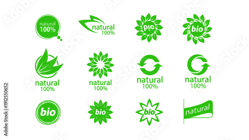 A collection of natural, organic, and bio label icons for eco product packaging and branding.