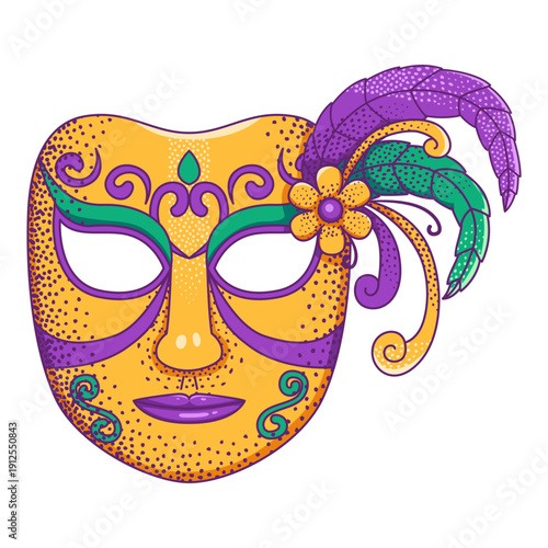 Ornate golden Mardi Gras full face mask with purple and green feathered decorations