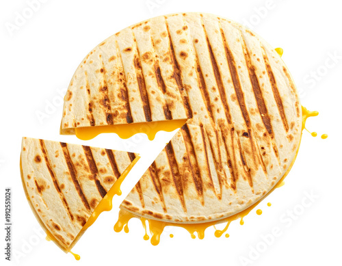 Whole Round Quesadilla Top View with Symmetrical Grill Marks and Oozing Cheese Edge, Isolated on Transparent Background