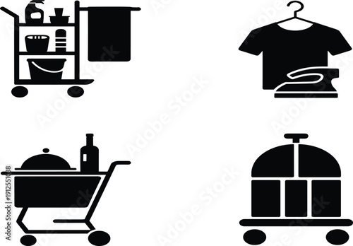 PrintHotel service icon set featuring housekeeping cart, laundry ironing, room service food trolley, and luggage bellhop carriage silhouettes.