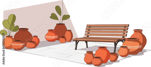 Wooden Bench Surrounded by Clay Pots.