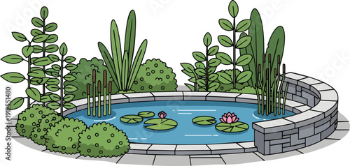 Small Pond with Water Lilies and Plants.