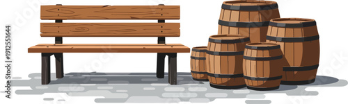 Wooden Bench and Barrels Illustration.