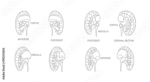 Anatomical Diagram of Kidney: Anterior, Posterior, and Coronal Views