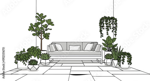 Line Drawing of Modern Sofa with Houseplants.