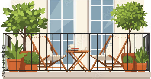 Patio Furniture with Potted Plants on Balcony.