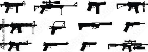 Silhouette collection of firearms, rifles, pistols, handguns, submachine guns, tactical weapons, military guns, black vector illustration