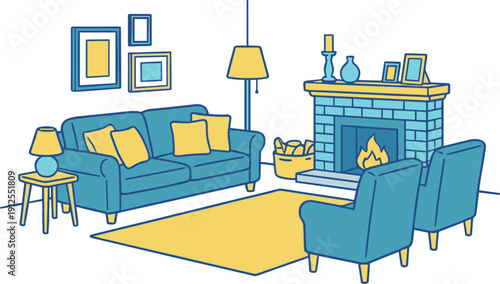 暖炉のあるリビングルーム インテリアイラスト