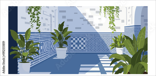 Potted Plants in Blue Tiled Courtyard.