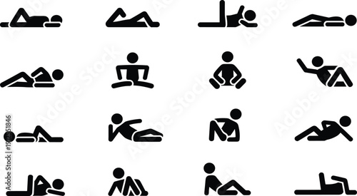 Silhouette collection of people lying, sitting, relaxing positions, human posture icons, black vector illustration, ergonomic design elements