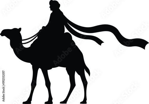 “Minimalist Silhouette Illustration of Person Riding Camel, Desert Travel, Journey and Adventure Theme Artwork for Stock Art and Commercial Success”