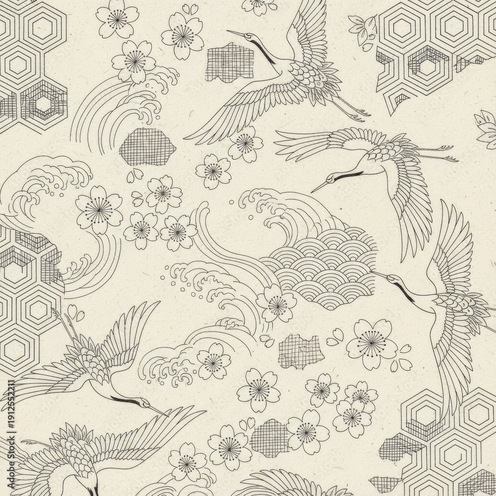 Obraz premium Japanese Seamless Pattern With Cranes And Waves
