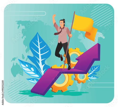 Key To Success Concept. Ambitious Leader Standing On An Upward Arrow With Flag.