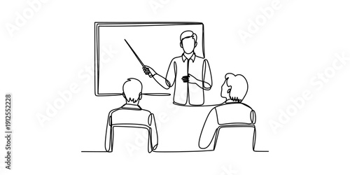 Continuous line drawing of a teacher giving a presentation to a small group of students. Vector, illustration