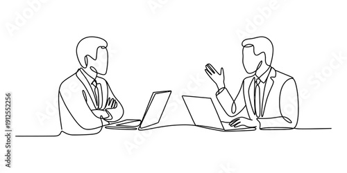 Continuous line drawing of two businessmen sitting at a desk with laptops and talking. Vector, illustration