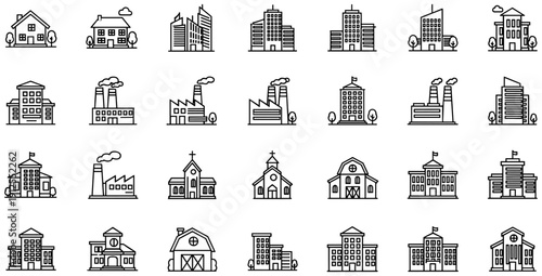 Title: Large collection of minimalist line art building icons including houses skyscrapers factories barns schools and churches for urban planning and architectural design (22 words)