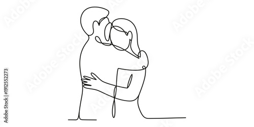 Minimalist continuous line art illustration of a man and woman sharing a tender embrace Vector, illustration