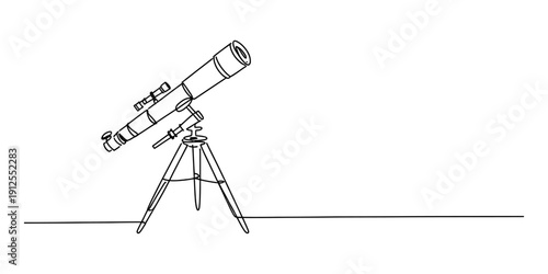 Simple black and white line drawing of a telescope mounted on a tripod for star gazing. Vector, illustration