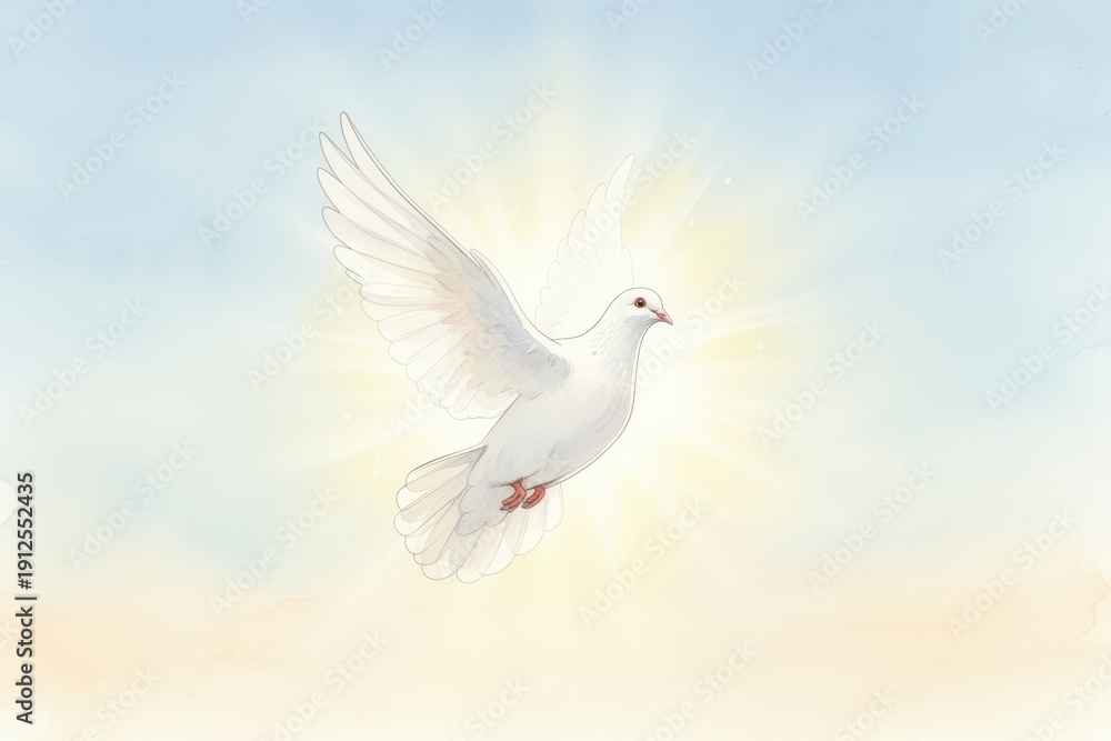 Fototapeta premium Graceful white dove in flight against ethereal sky with radiant light