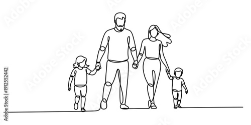 A simple continuous line drawing of a happy family with two children walking together hand in hand. Vector, illustration